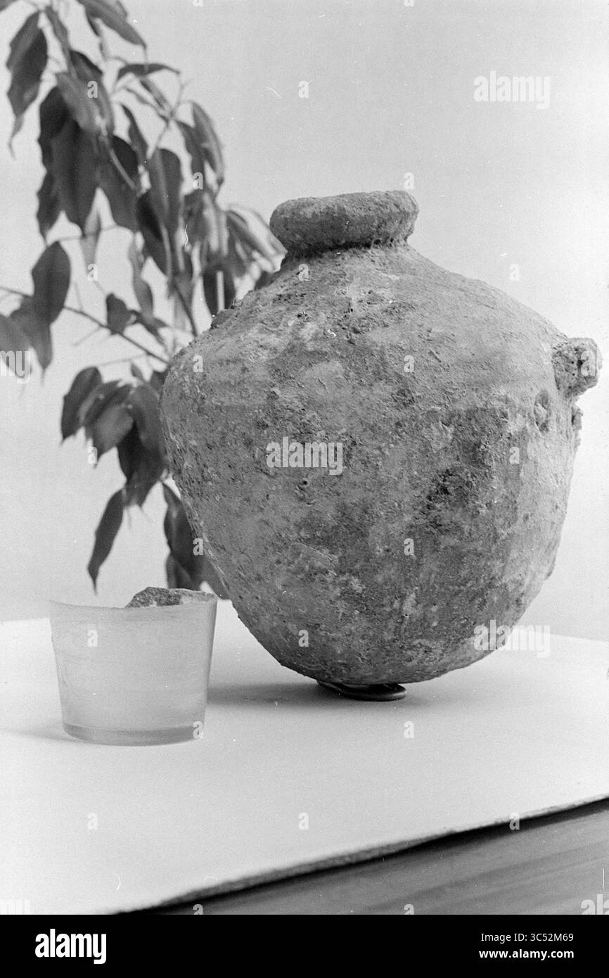 Altes Glas + Pfütze aus Südamerika in IJmuiden, Antiquities, 16-06-1976 Whizgle News, Dutch Desk, Niederlande, 1950-2000 Ein großer, runder, antiker Topf mit einem schmalen Hals wird neben einem kleineren, klaren Glas ausgestellt, das eine anscheinend körnige Substanz enthält. Im Hintergrund befindet sich eine Laubpflanze, die der Szene einen Hauch von Natur verleiht. Stockfoto
