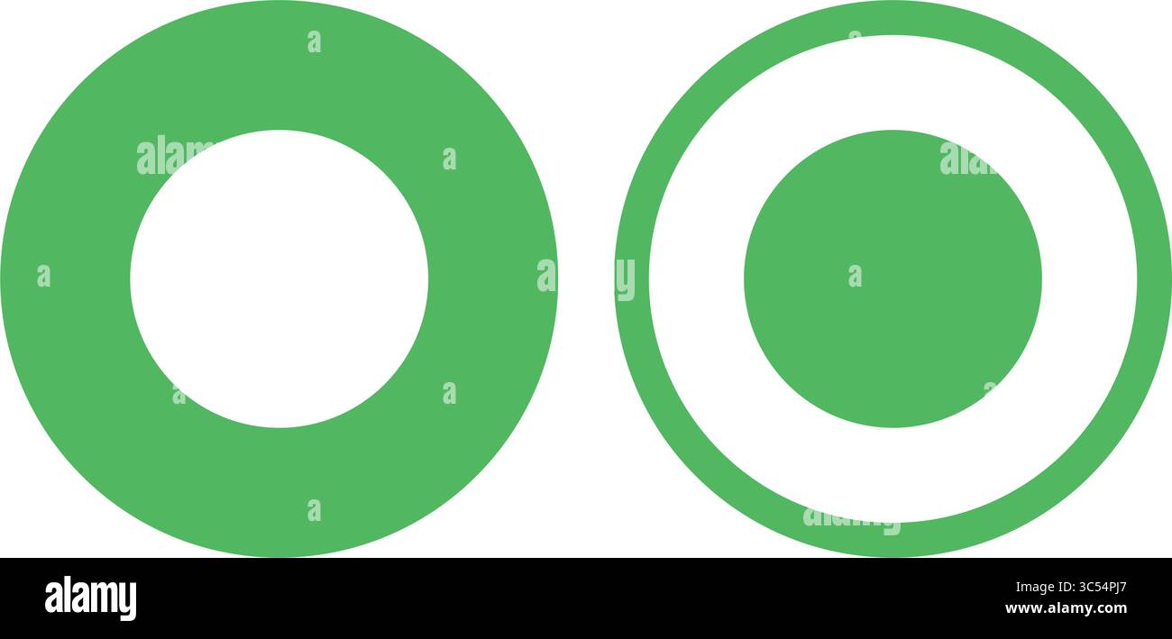 Ein Paar grüner Vektor-Optionsschaltflächen mit einem ausgefüllten und einem umrissenen Symbol für Benutzeroberflächenelemente, Webformulare und UX-UI-Design-Projekte. Stock Vektor