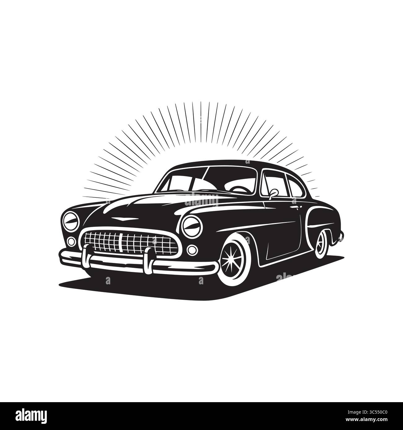 Elegante Oldtimer-Illustration – Schwarz-Weiß-Retro-Auto-Design Mit Sonnenschliff Stock Vektor