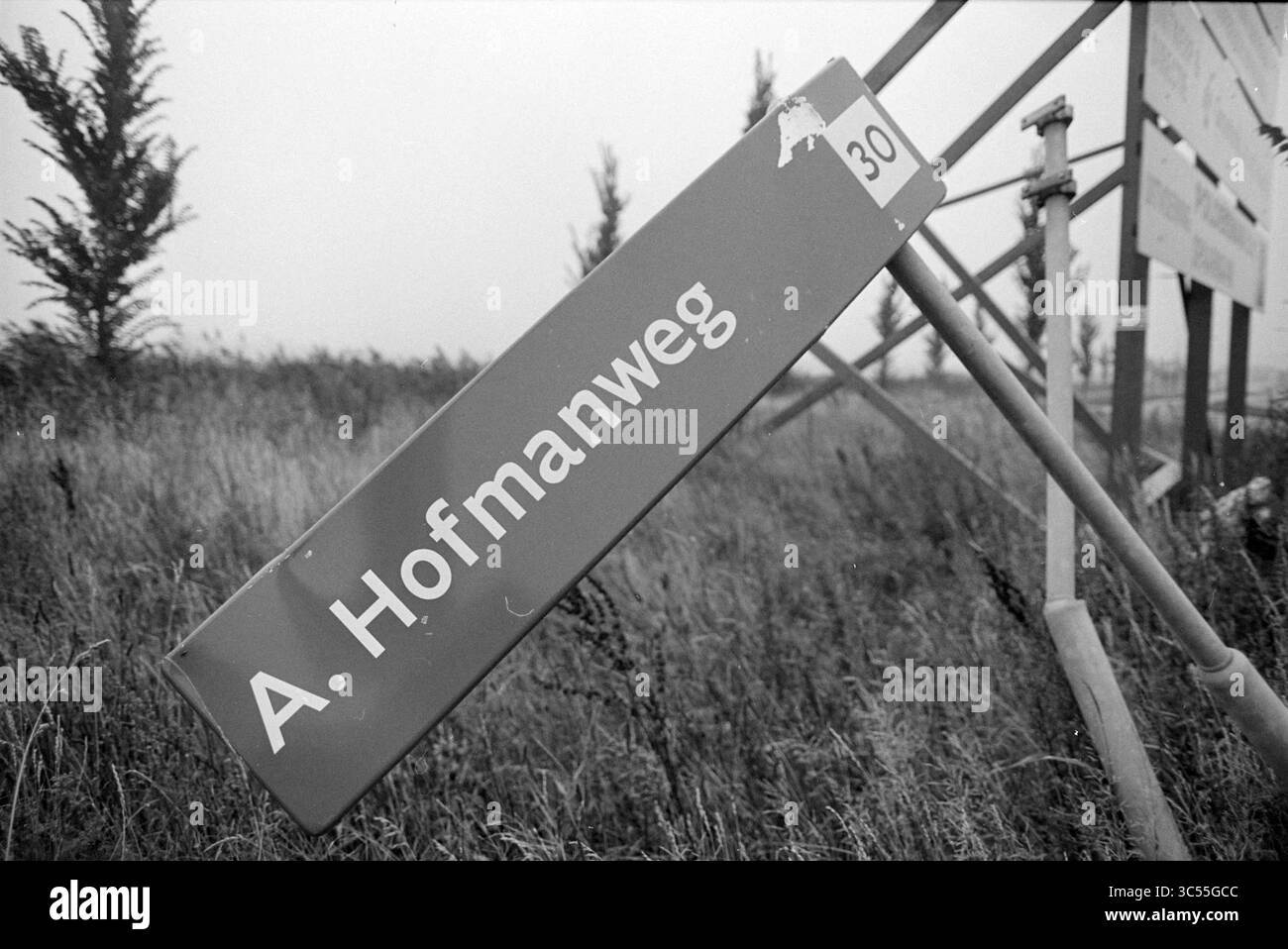 Schild Waarderpolder, 22-08-1994 Whizgle News, Dutch Desk, Niederlande, 1950-2000 Ein geneigter Wegweiser mit der Aufschrift „A. Hofmanweg“, umgeben von bewachsenem Gras und schwachen Baumkonturen im Hintergrund. Stockfoto