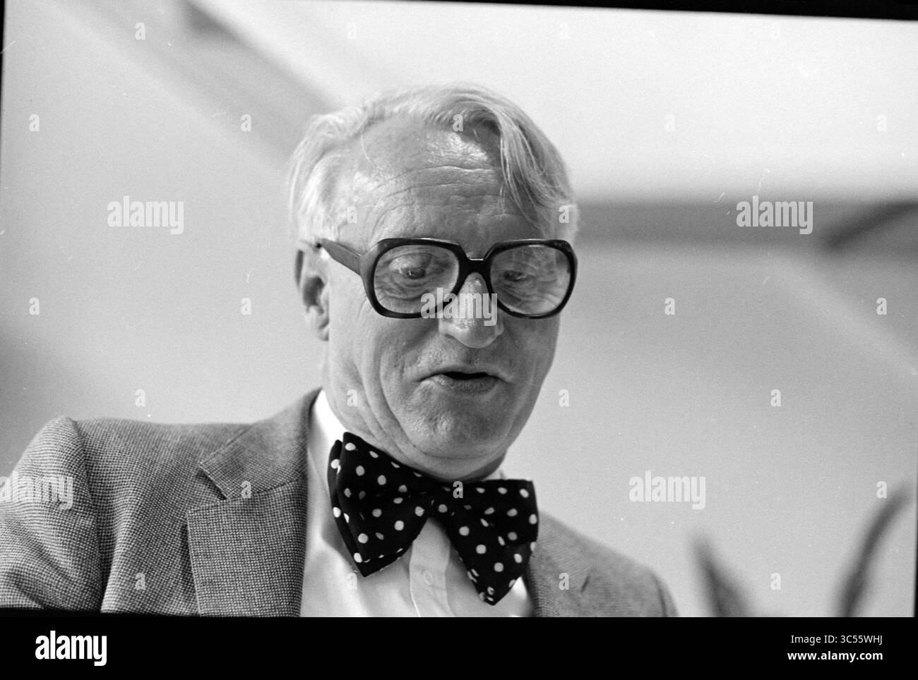 Porträt Wim Helversteijn, Haarlems Dagblad etc. Und IJmuider Courant and Koeri, 31-07-1985, Whizgle News, Dutch Desk, Niederlande, 1950-2000 Ein Mann mit hellen Haaren und großer, runder Brille trägt eine gepunktete Fliege und einen Blazer. Er scheint sich in Gesprächen oder Gedanken zu äußern, mit einem nachdenklichen Gesichtsausdruck. Stockfoto Porträt Wim Helversteijn, Haarlems Dagblad etc. Und IJmuider Courant and Koeri, 31-07-1985, Whizgle News, Dutch Desk, Niederlande, 1950-2000 Ein Mann mit hellen Haaren und großer, runder Brille trägt eine gepunktete Fliege und einen Blazer. Er scheint sich in Gesprächen oder Gedanken zu äußern, mit einem nachdenklichen Gesichtsausdruck. Stockfoto