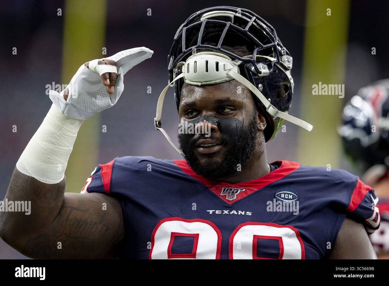 Januar 2020, Houston, Texas, USA: 4. Januar 2020: Houston Texans Defensive End D.J. Reader (98) vor dem Start des Wildcard-Spiels gegen die Buffalo Bills im NRG Stadium in Houston, Texas. Maria Lysaker / ZUMA Press. (Bild: © Maria Lysaker/ZUMA Wire) Stockfoto