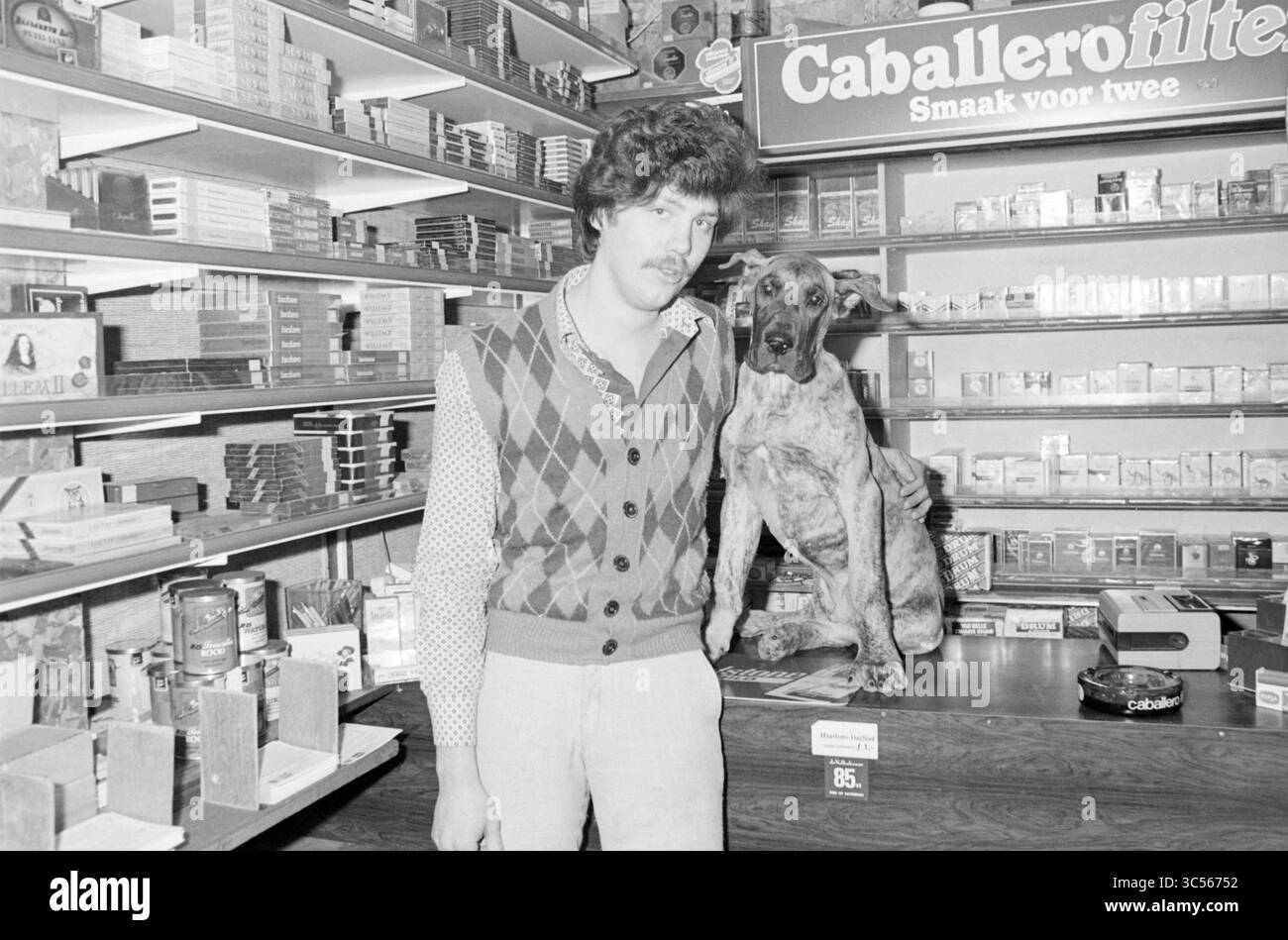 Mark de Groot im Geschäft, in Geschäften und Kiosken, 24-02-1983 Whizgle News, Dutch Desk, Niederlande, 1950-2000 Ein junger Mann mit Schnurrbart posiert neben einem großen Hund in einem gemütlichen Geschäft, das mit Regalen mit verpackten Waren, darunter verschiedene Tabakwaren, gefüllt ist. Der Mann trägt eine gemusterte Weste und hat einen freundlichen Ausdruck, während der Hund, der bequem auf der Theke sitzt, aufmerksam und entspannt wirkt. Stockfoto