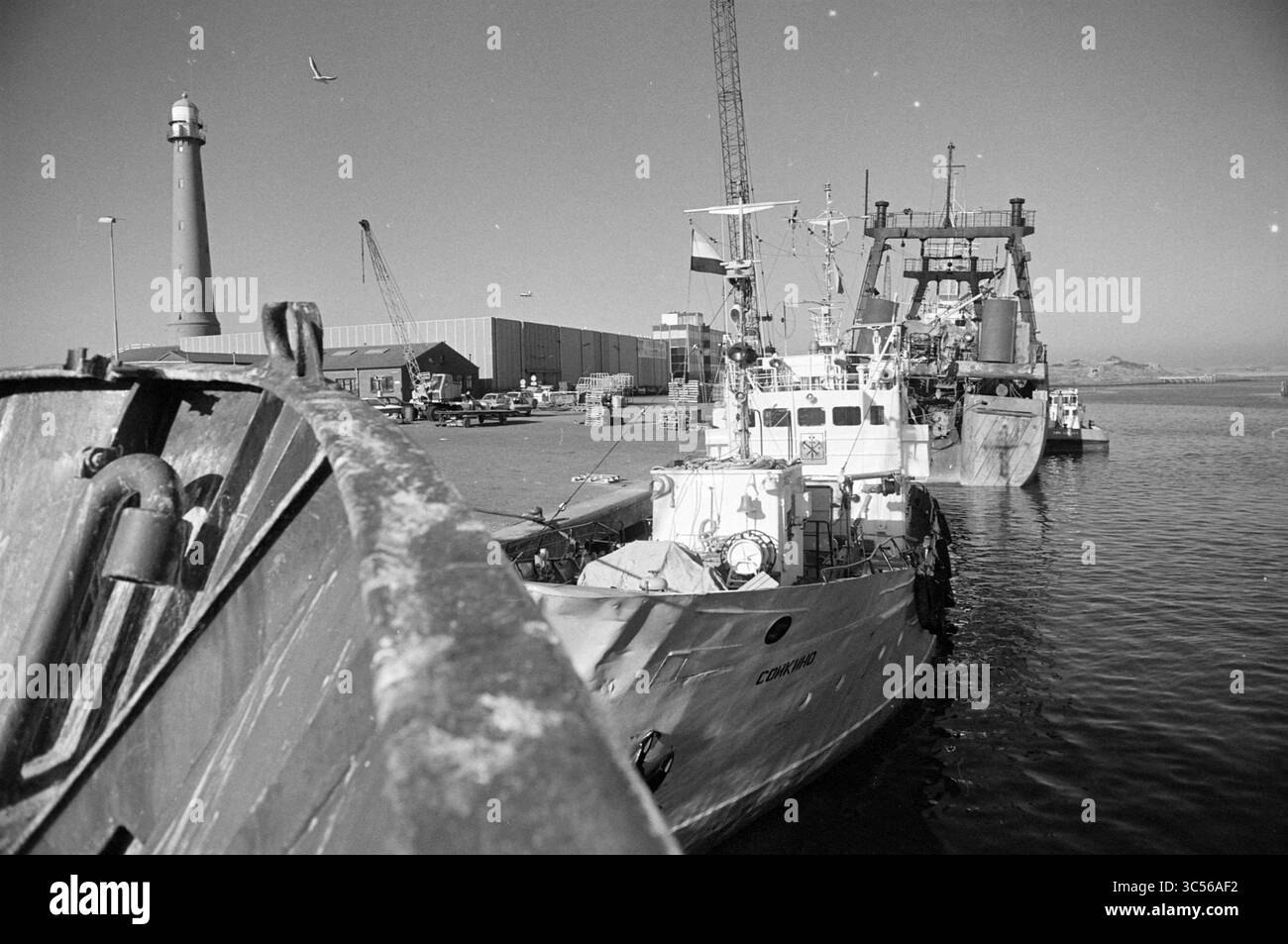 Coaster, Haringhaven, 13-10-1994 Whizgle News, Dutch Desk, Niederlande, 1950-2000 Eine geschäftige Szene in einem belebten Hafen mit ankerbaren Booten und einem großen Schiff, das beladen wird, mit einem hohen Leuchtturm im Hintergrund. Möwen gleiten über dem Kopf, während Krane und Lagerhäuser einen aktiven Geschäftsbetrieb anzeigen. Stockfoto