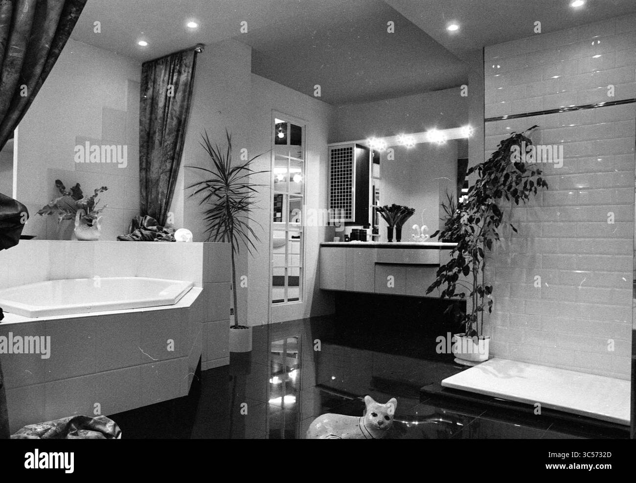 Inter. fa.Nauris, Interior, 05-11-1989 Whizgle News, Dutch Desk, Niederlande, 1950-2000 modernes Bad mit luxuriöser Eckbadewanne, elegantem Schrank und stilvoller Einrichtung. Große Spiegel verbessern den Raum, während Innenpflanzen einen Hauch von Grün verleihen. Eine kleine, skurrile Katzenfigur sitzt auf dem Boden und trägt zur modernen Atmosphäre bei. Stockfoto