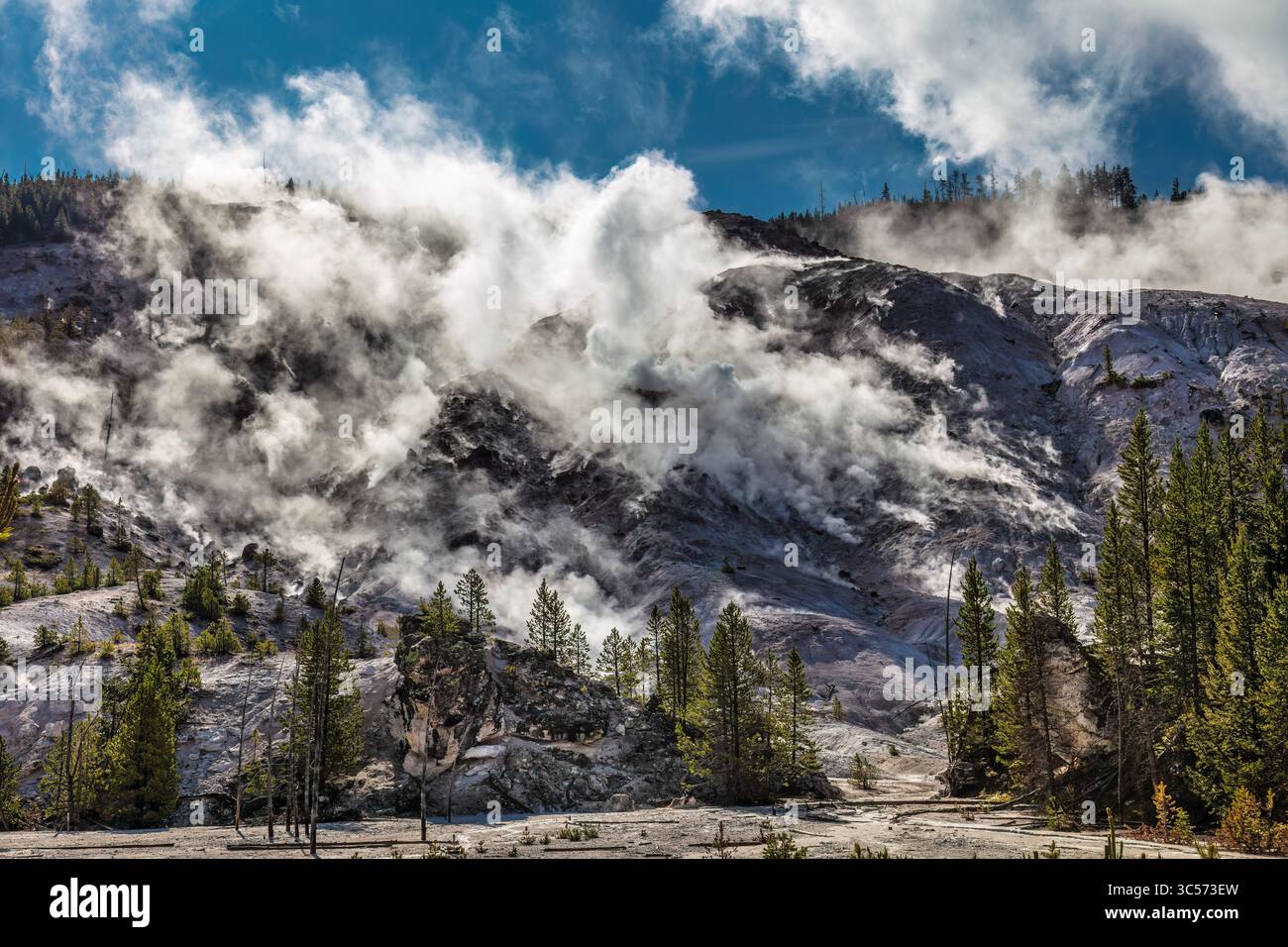 Steam Clouds erheben sich vom Roaring Mountain im Yellowstone-Nationalpark Stockfoto
