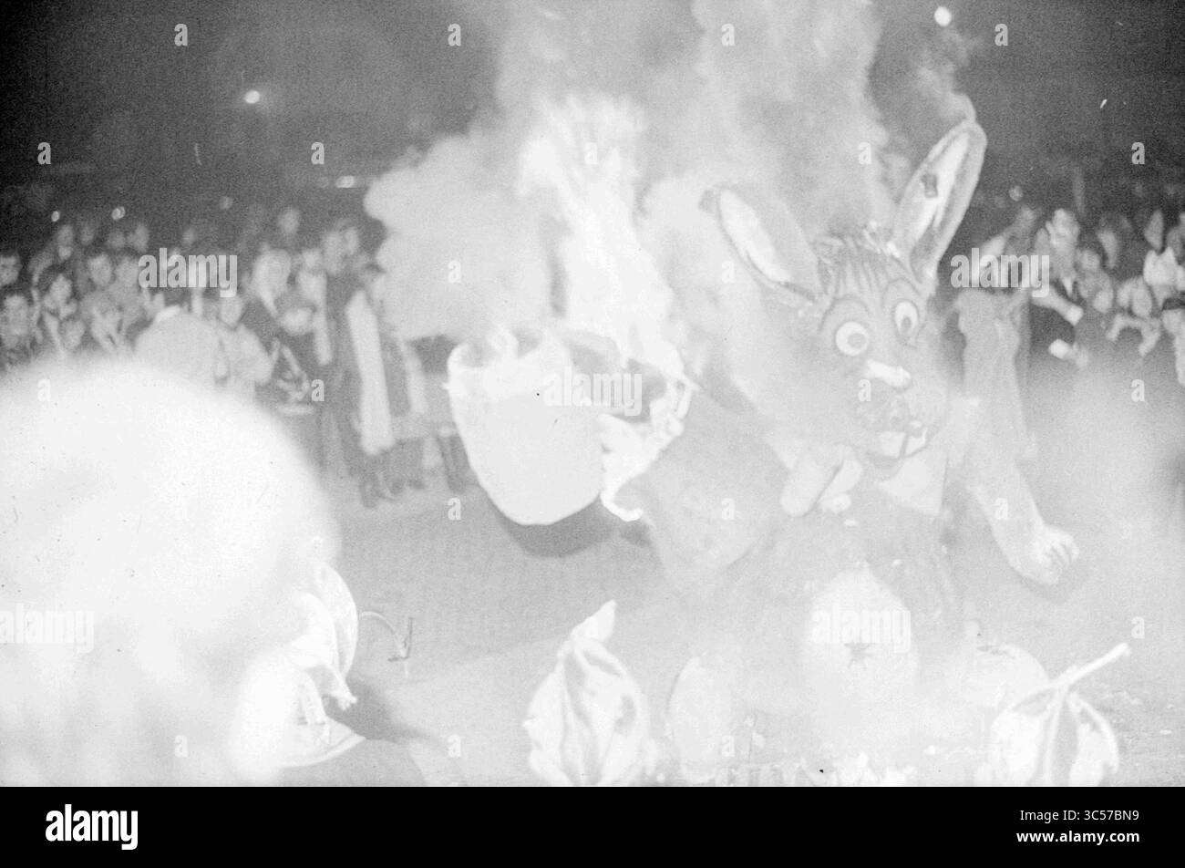 Burning Rabbit Noordwijkerhout, Karneval, 23-02-1971 Whizgle News, Dutch Desk, Niederlande, 1950-2000 Eine große, skurrile Hasenfigur, die mit leuchtenden Farben verziert ist, steht in einer Menge, die Rauch und Flammen ausstrahlt, während sich die Zuschauer in Begeisterung versammeln. Die Atmosphäre ist lebhaft und festlich, mit Zuschauern, die an der Feier teilnehmen. Stockfoto