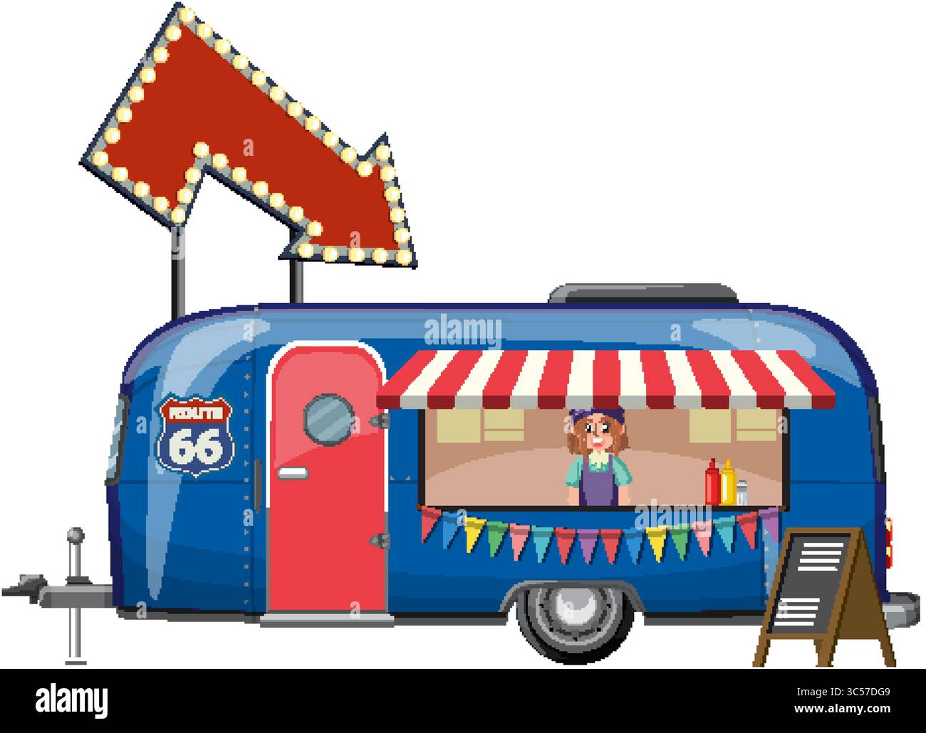 Farbenfrohe Vektorillustration eines Vintage Food Trucks mit Route 66 Thema, mit lebhaften Farben und verspielten Designelementen Stock Vektor