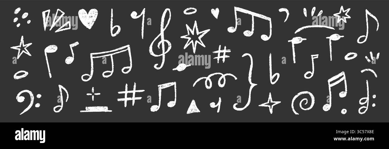 Handgezeichnetes Notenset. Niedliches Musiksymbol, Melodiebild und Soundsymbol im Sketch-Stil mit Kreide für Kinder. Zeichentricktextur, verspielte Kunstdekoration auf Tafel Hintergrund. Vektorabbildung Stock Vektor