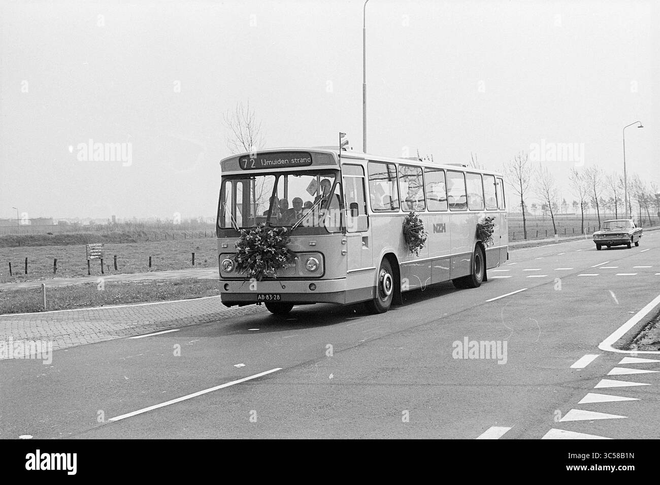 Bus Amsterdam - IJmuiden, Noord Zuid Hollandse Vervoersmaatschappij N.V., NZ, 02-05-1968 Whizgle News, Dutch Desk, Niederlande, 1950-2000 Ein dekorierter Bus fährt eine Straße entlang, auf der Vorderseite mit Blumenarrangements versehen, während ein Auto dicht hinter der Straße vorbeifährt. Die Landschaft mit kargen Bäumen und einem offenen Feld im Hintergrund schafft eine ruhige Atmosphäre. Der Bus zeigt eine Routennummer an, die sein Ziel angibt. Stockfoto