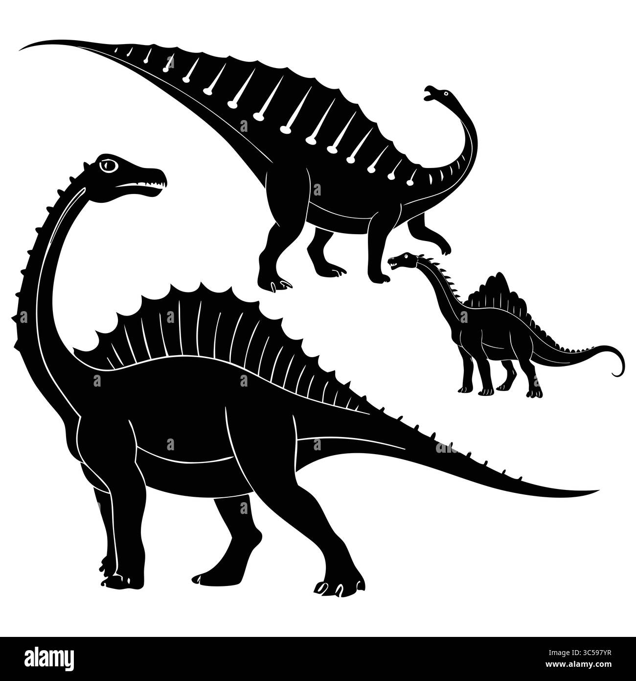 Silhouetten von Dinosauriern mit Sauropoden-Illustrationen in Schwarz und weiß Stock Vektor
