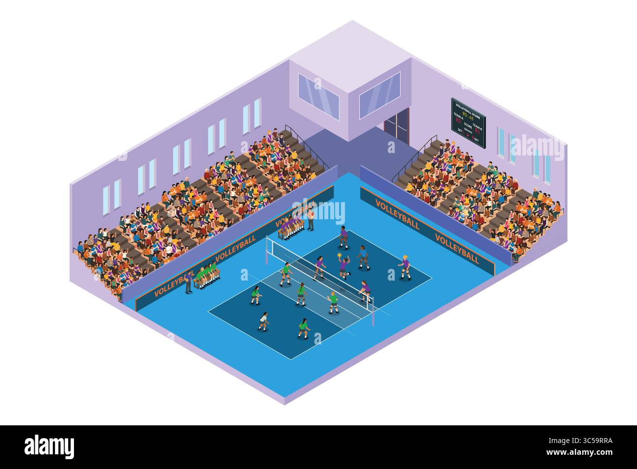 Eine Vektorillustration des isometrischen Volleyballspiels in einem Fitnessstudio Stock Vektor