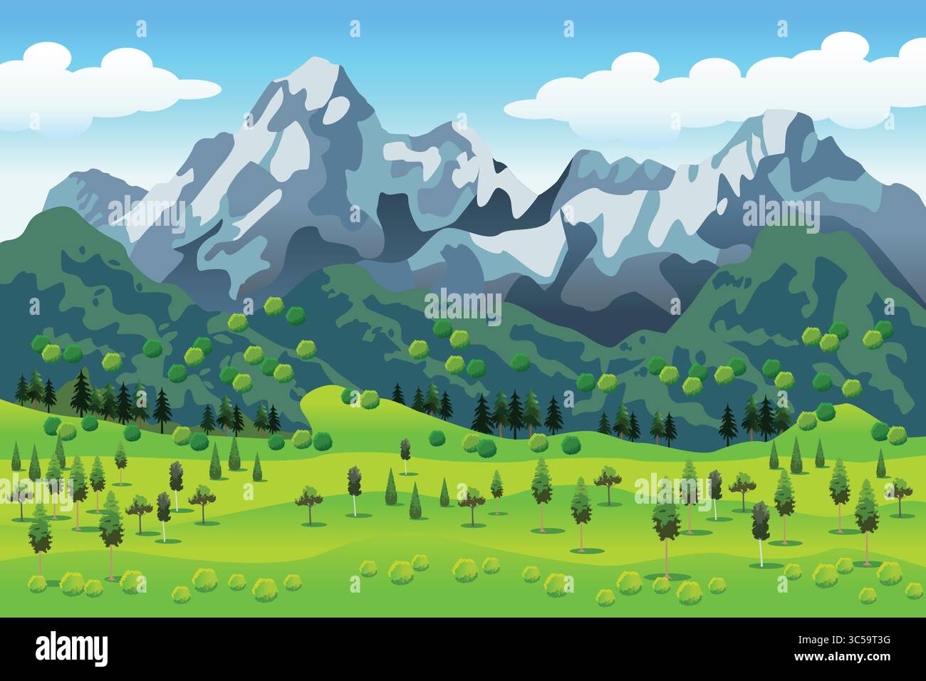 Eine Vektor-Illustration des Hintergrunds des ländlichen Gebiets von Snowy Mountain Stock Vektor