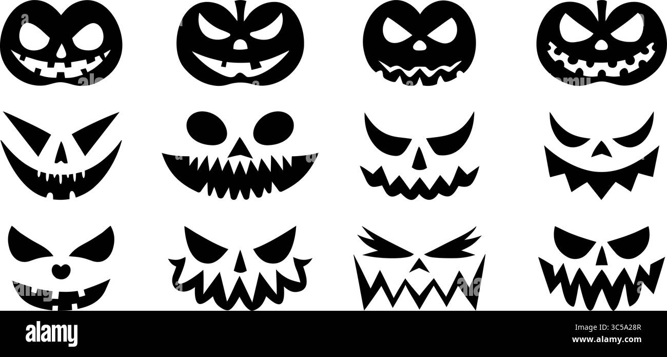 Ein Raster aus zwölf verschiedenen, handgezeichneten schwarz-weißen Halloween Kürbisgesichtern und gruseligen Jack-o-Laternen-Designs mit verschiedenen Ausdrucksformen. Stock Vektor