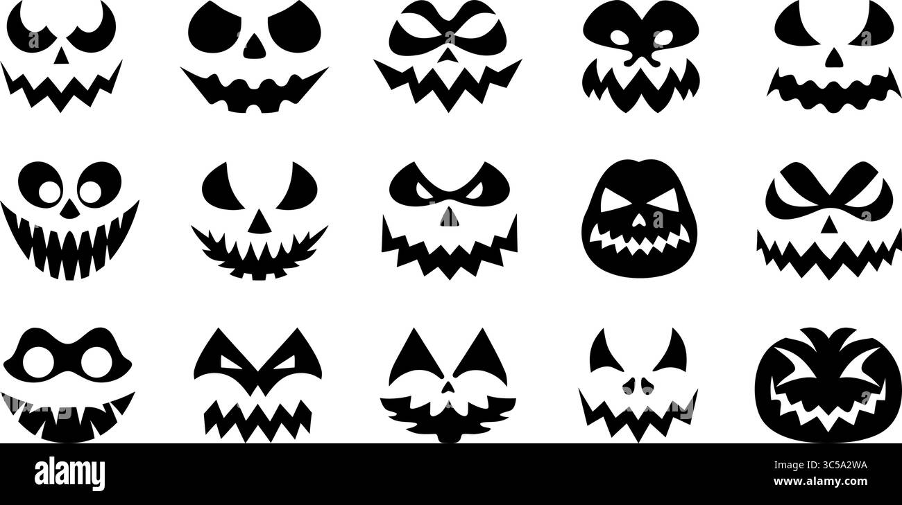 Ein Raster aus fünfzehn verschiedenen, schwarz-weißen Abbildungen von geschnitzten Kürbisgesichtern, jedes mit einzigartigen unheimlichen oder schelmischen Ausdrücken. Stock Vektor