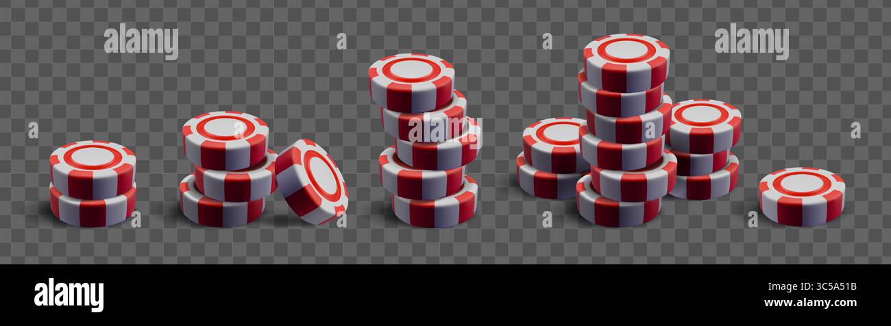 Rot-weiße Casino-Chip-Stapel 3D-Rendering - Spielmarken in verschiedenen Höhen, einzelne Münzen verstreut für Poker-Spiele, Online-Gaming-Grafiken oder Entertainment-Design im las vegas-Stil. Stock Vektor