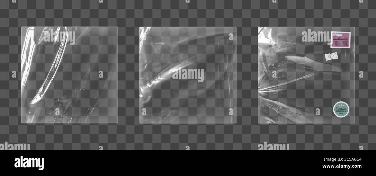 Transparentes Vinylfolien-Set aus Kunststoff – transparente Verpackungsmaterialien, glänzende Schutzfolien mit klassischem Aufkleber, rosafarbenes Barcode-Etikett, Preisschild für Einzelhandelsanzeigen für Lagerung und Versand. Stock Vektor