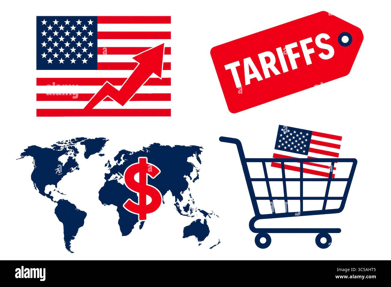 US-Zölle auf internationale Waren, dargestellt durch Symbole wie Flaggen, Einkaufswagen und eine globale Karte, die wirtschaftliche Auswirkungen widerspiegelt, Handelskonf Stockfoto