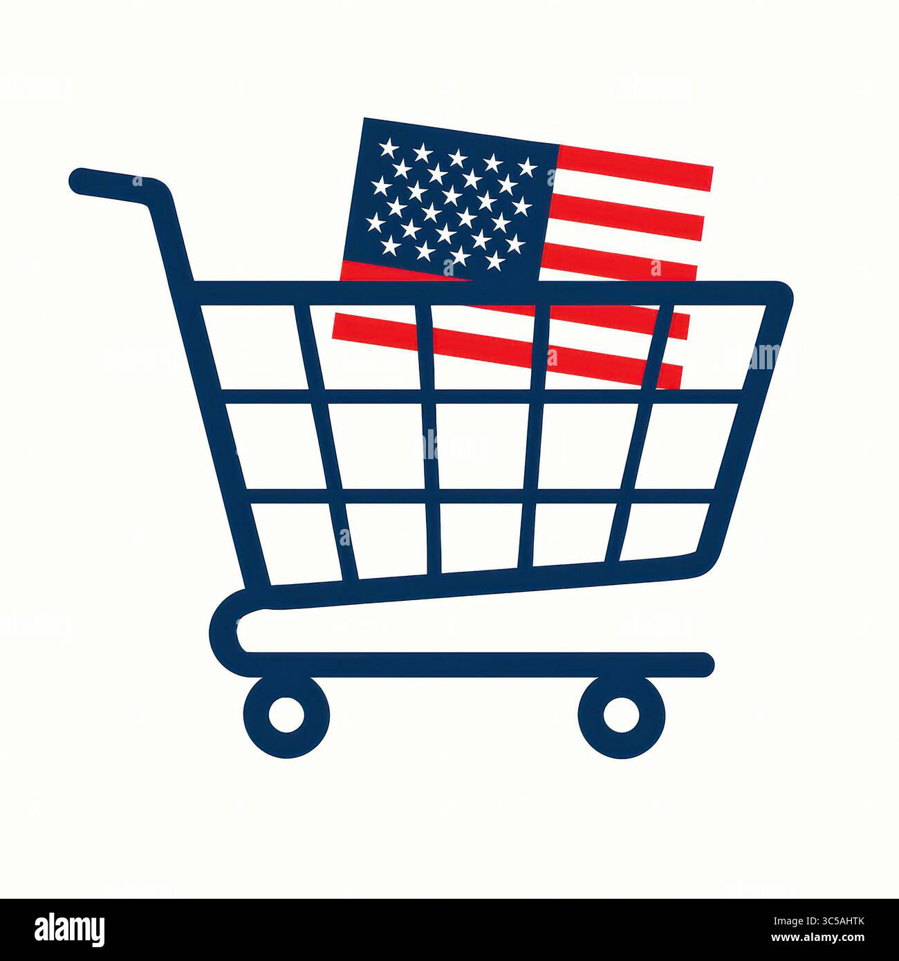 Abbildung eines Warenkorbs mit einer US-Flagge, die den Einfluss der US-Zölle auf Importe und Exporte symbolisiert. Die Grafik hebt die br Stockfoto