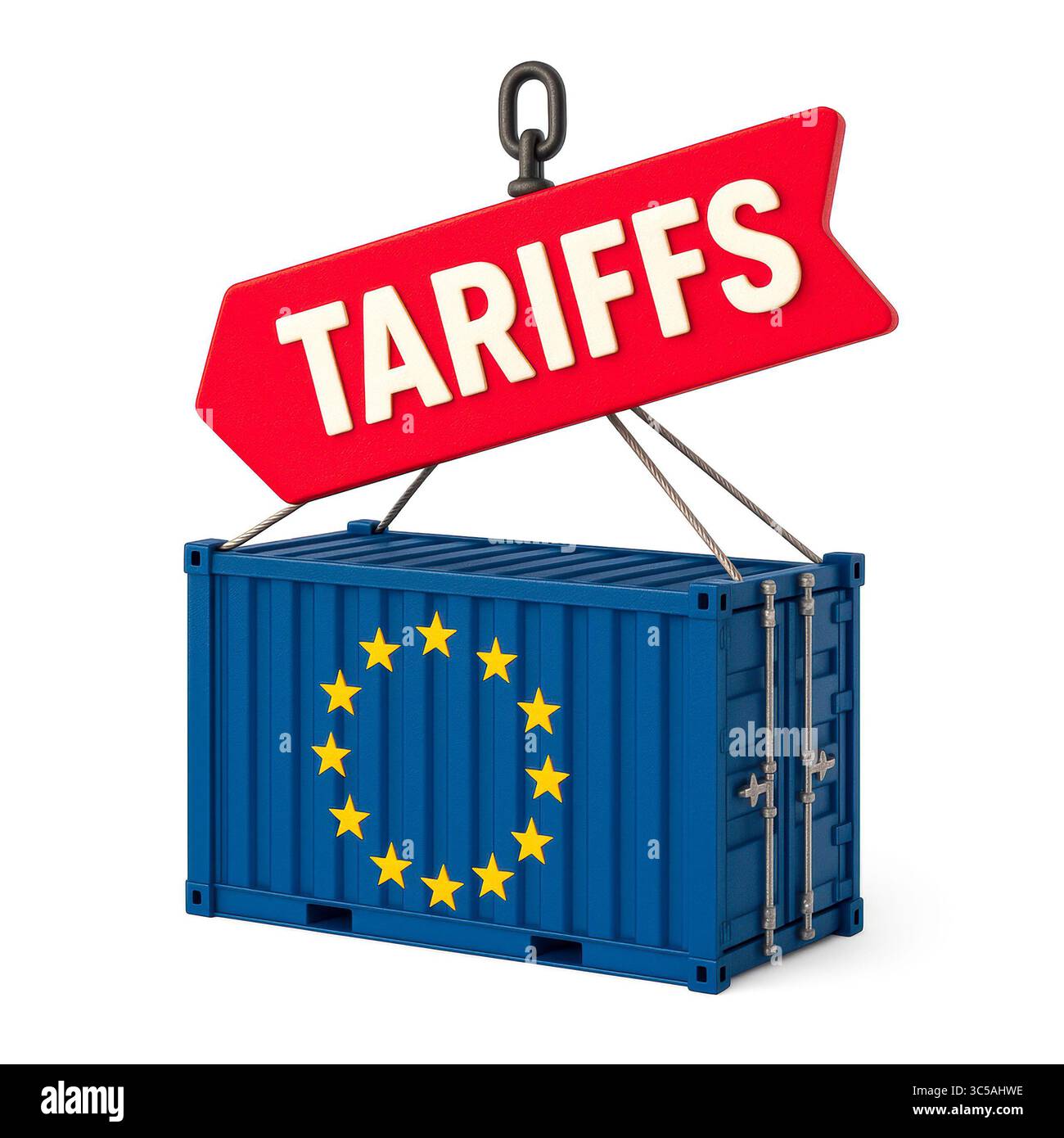 Ein Frachtcontainer mit der Flagge der Europäischen Union wird durch einen Haken angehoben, was die Auswirkungen der US-Zölle auf die internationalen Handelsbeziehungen und symbolisiert Stockfoto