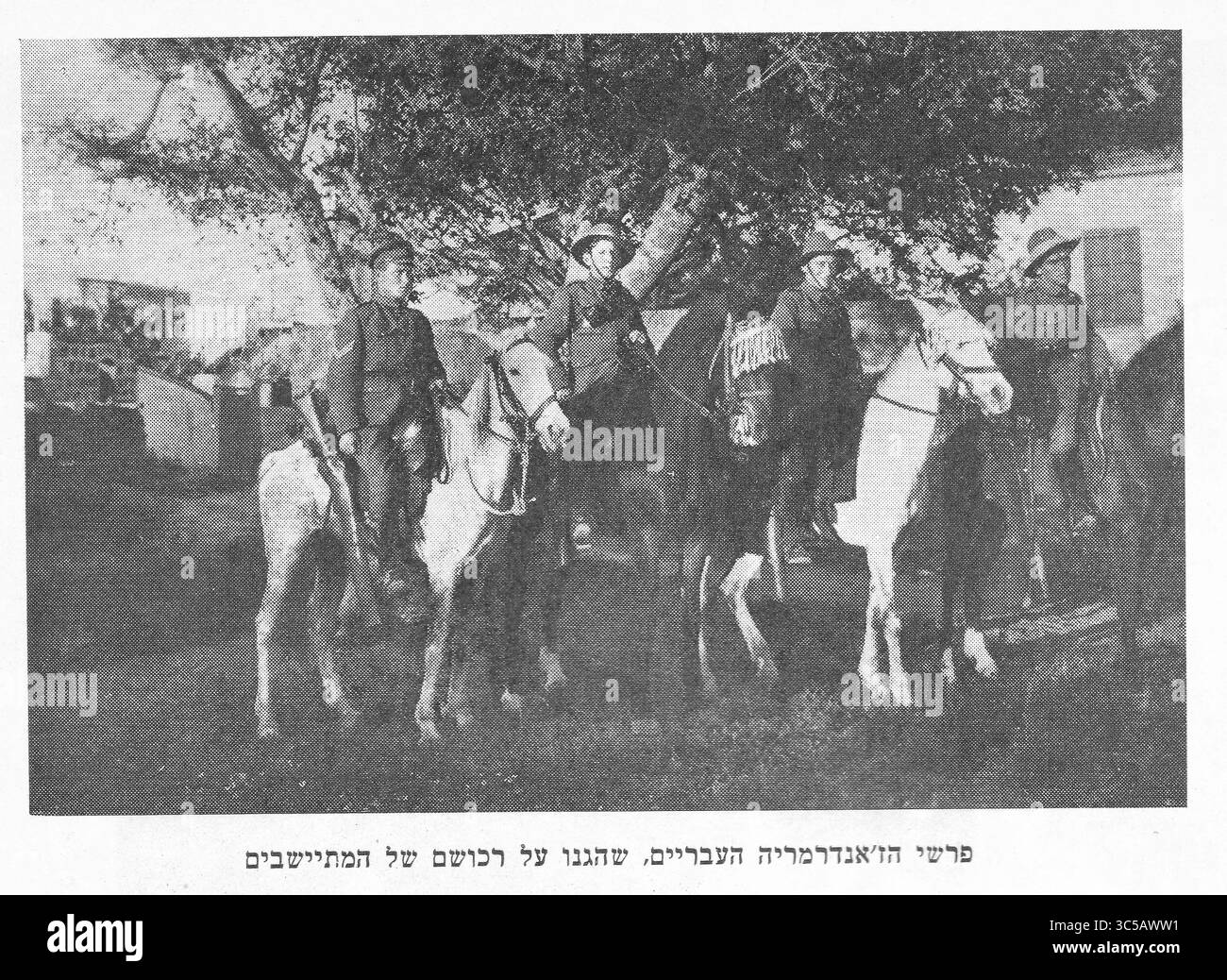 Die berittene Polizei (Hebräisch HaMishtara hame'ula, wörtlich: „Die ausgezeichnete Polizei“), auch bekannt als die Palästinensische Gendarmerie, war eine berittene Gendarmerie-Einheit (eine Militäreinheit, die Polizeiaufgaben wahrnahm), die von 1921 bis 1926 im Mandatory Palestine operierte. Seine Mitglieder waren Anwohner – Juden und Araber – die aufgrund ethnischer Quoten rekrutiert wurden. Die Truppe operierte zusammen mit einer ähnlichen britischen Einheit, die als britische Gendarmerie bekannt war. Stockfoto