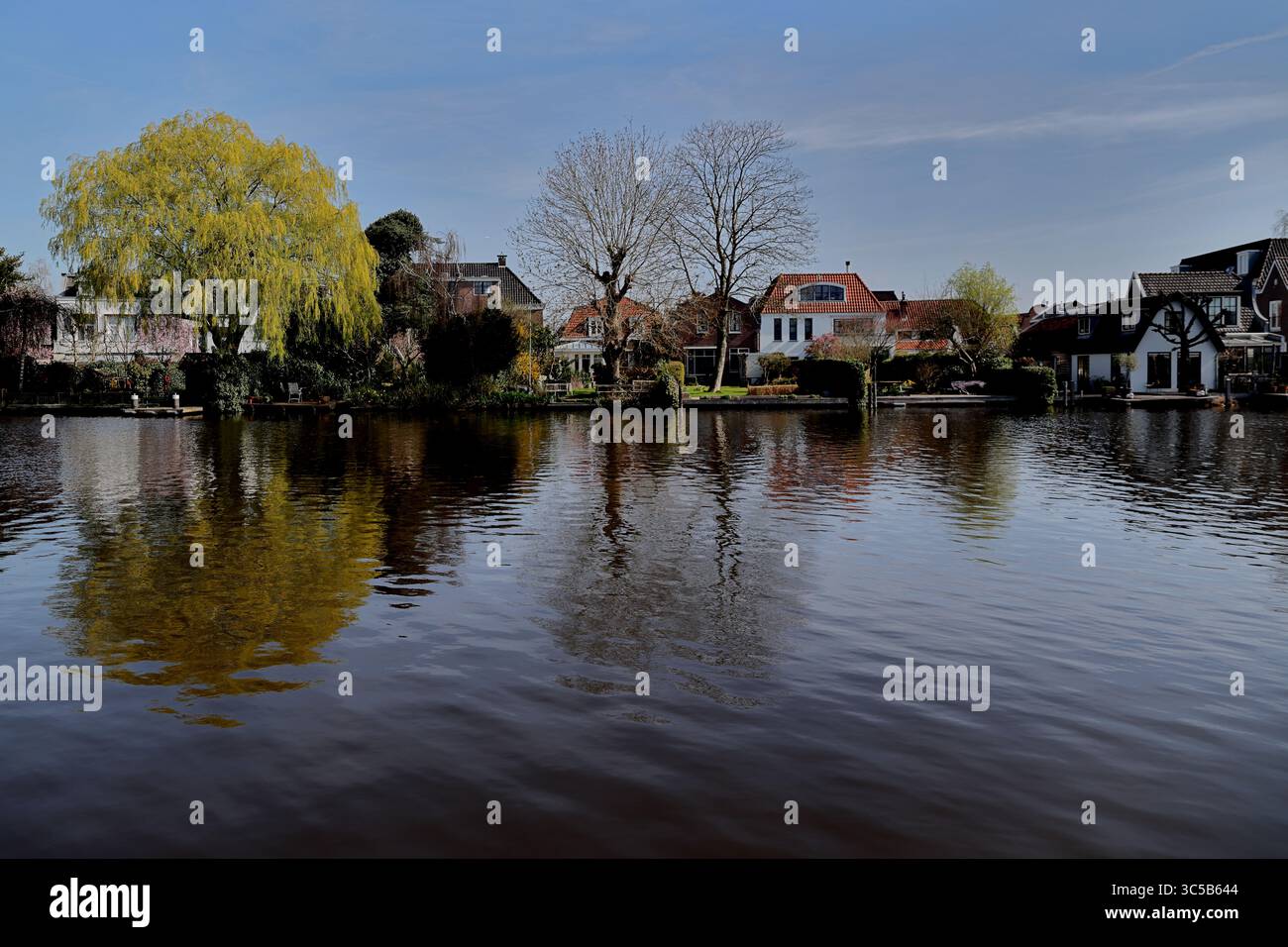 Blick auf den Frühling auf Amstelzijde in Ouderkerk aan de Amstel zeigt blühende Bäume und Häuser am Flussufer, die sich im Wasser unter hellem Himmel spiegeln und sanfte Ruhe hervorrufen. Stockfoto