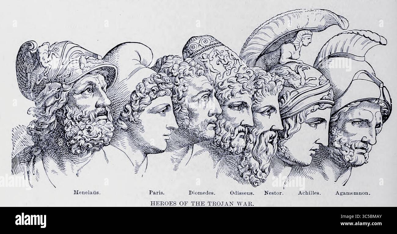 Helden der Trojanischen Kriege Menelaus, Paris, Diomedes, Odysseus [Odisseus], Nestor, Achilles, Agamemnon aus dem BUCH VIII - GRIECHENLAND in Band 10 von Ridpath's Universal History : ein Bericht über den Ursprung, den primitiven Zustand und die ethnische Entwicklung der großen Rassen der Menschheit und über die wichtigsten Ereignisse in der Entwicklung und dem Fortschritt des zivilisierten Lebens unter Menschen und Nationen, aus neueren und authentischen Quellen mit einer vorläufigen Untersuchung über die Zeit, den Ort und die Art des Beginns von Ridpath, John Clark, 1840-1900, veröffentlicht 1897 Stockfoto