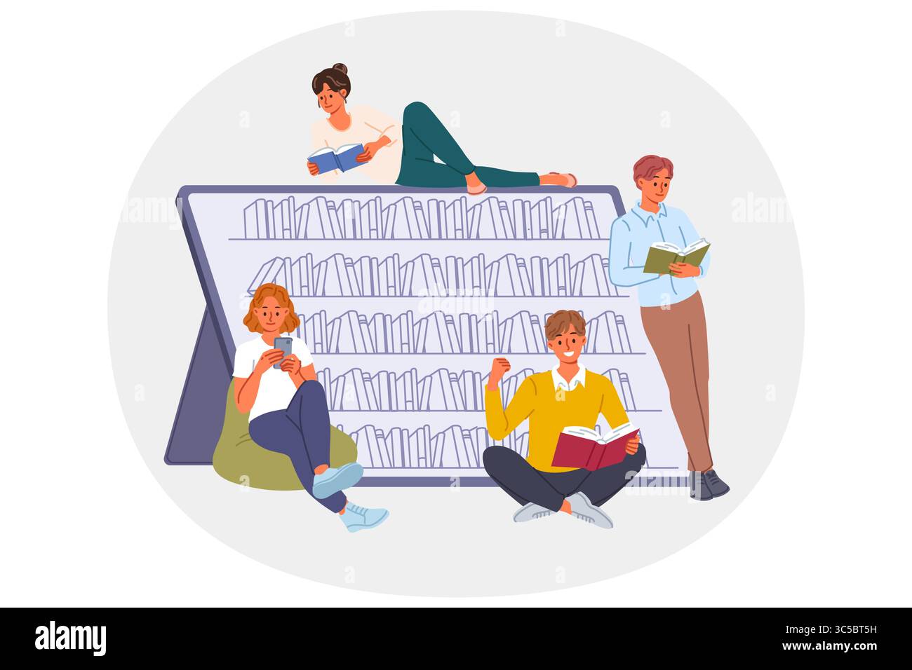 Studenten, die eine elektronische Bibliothek besuchen, lesen Bücher mit Gadgets und Apps mit digitaler Literatur Stock Vektor