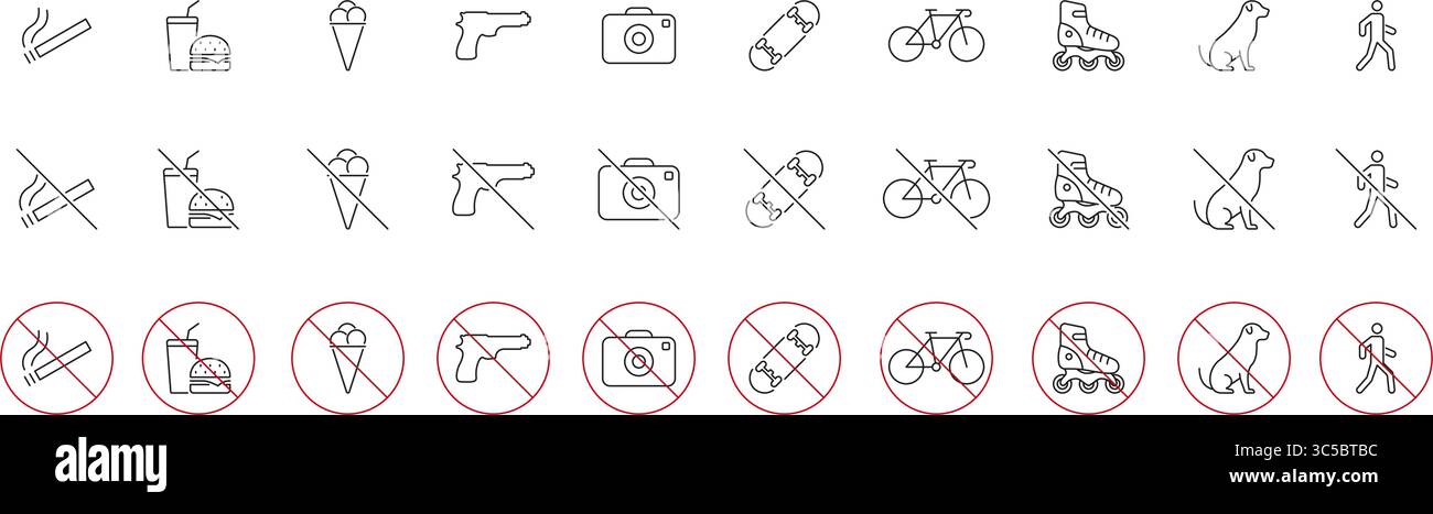 Symbolgruppe Für Verbotene Aktivitäten Und Elemente. Rauchen Verboten, Essen, Fotografie, Waffen Und Weitere Beschränkungssymbole. Regeln Und Vorschriften Für Den Öffentlichen Raum Stock Vektor