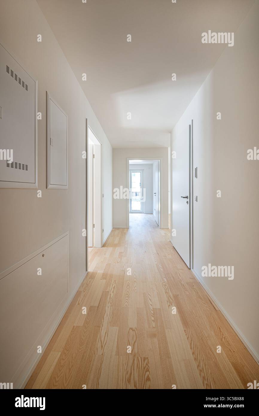 Innenaufnahme des unmöblierten Flurs eines modernen Apartments Stockfoto