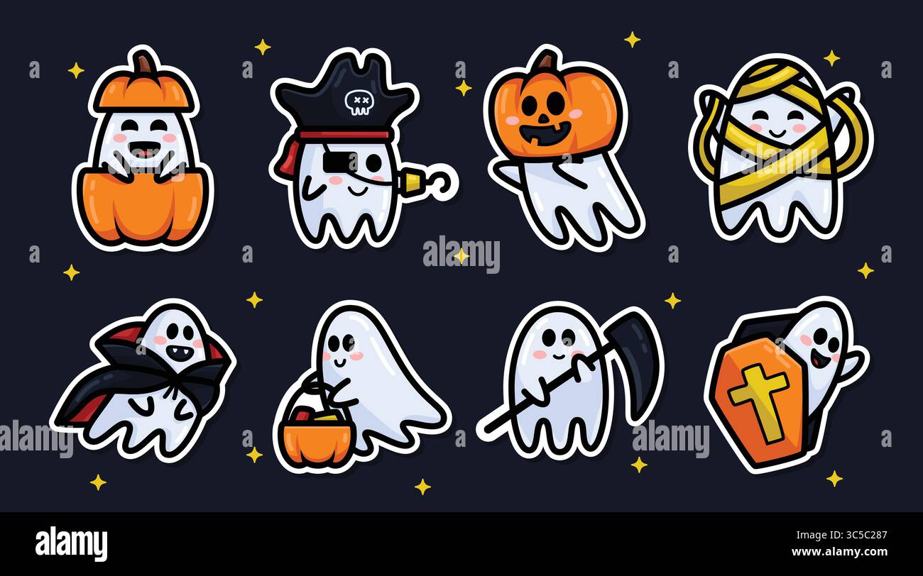 Niedlicher Halloween-Geist mit Kürbisaufkleber. Bezaubernde, entzückende Geisterclip-Kunstsammlung für Halloween am 31. Oktober Stock Vektor