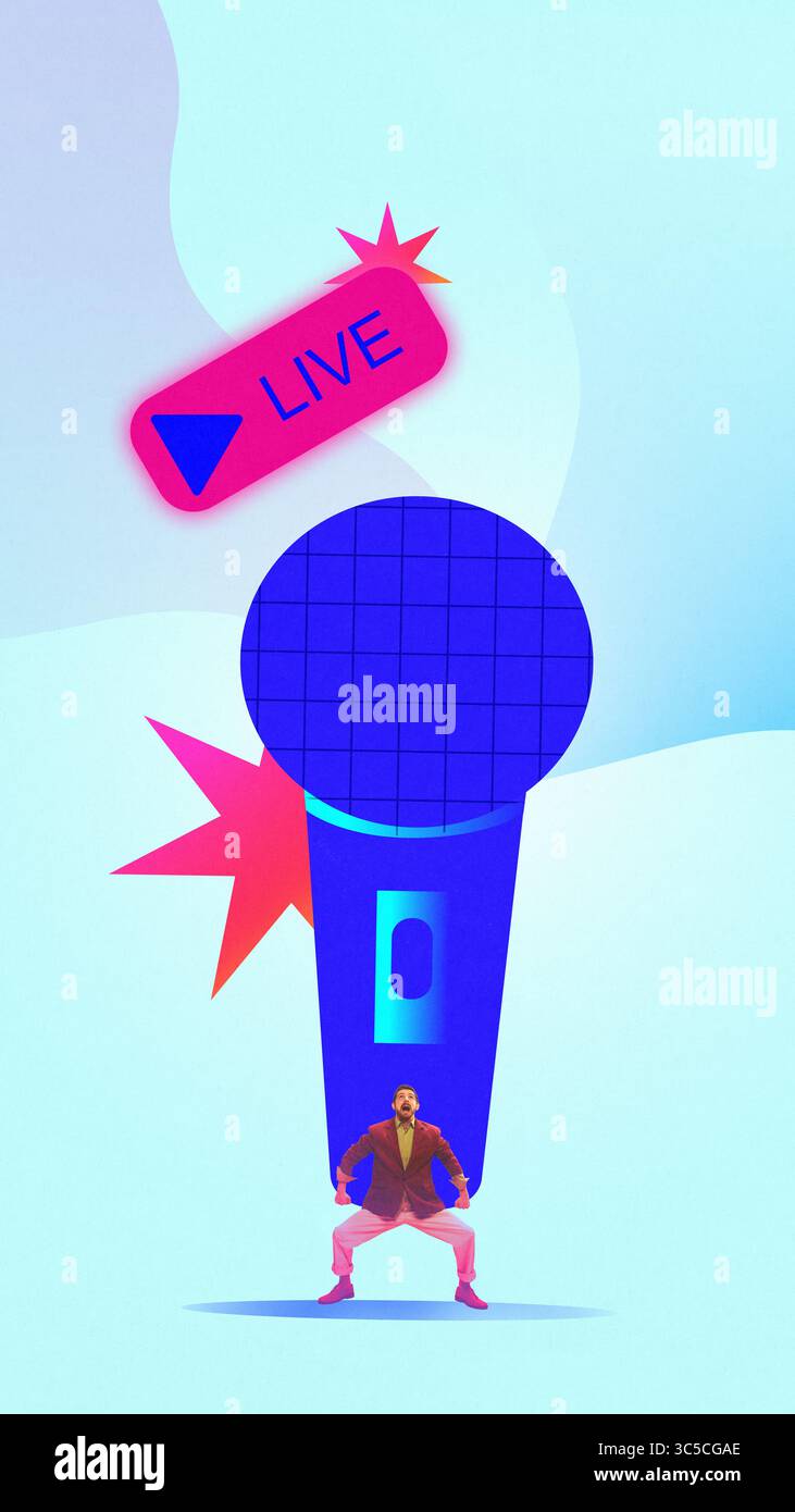 Grafische Zusammensetzung. Mann im Anzug, der unter einem riesigen Mikrofon und einem Live-Stream-Label mit aufgeregtem Ausdruck steht Stockfoto