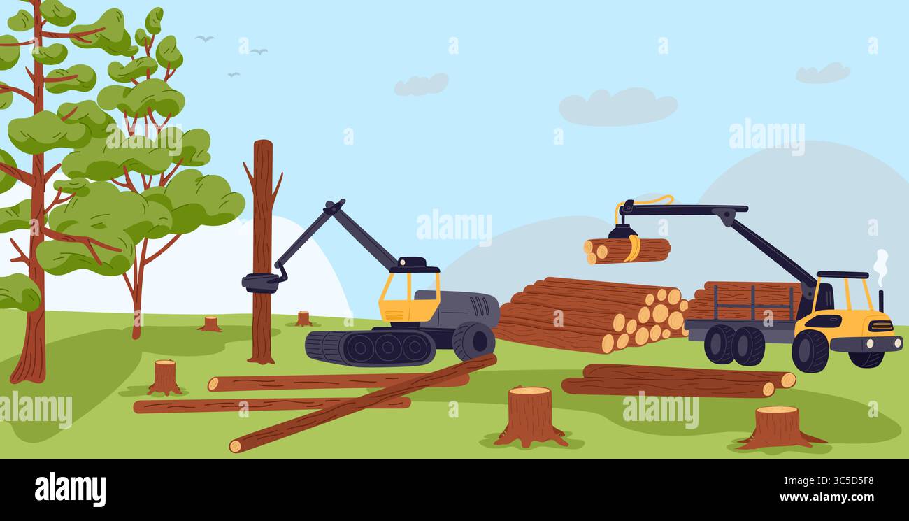 Holzfällmaschinen, die Bäume Fällen. Waldzerstörung. Naturkatastrophen. Baumstümpfe in einem einsamen Bereich. Baumstämme schneiden. Naturökosystemschäden und Entwaldung Stock Vektor