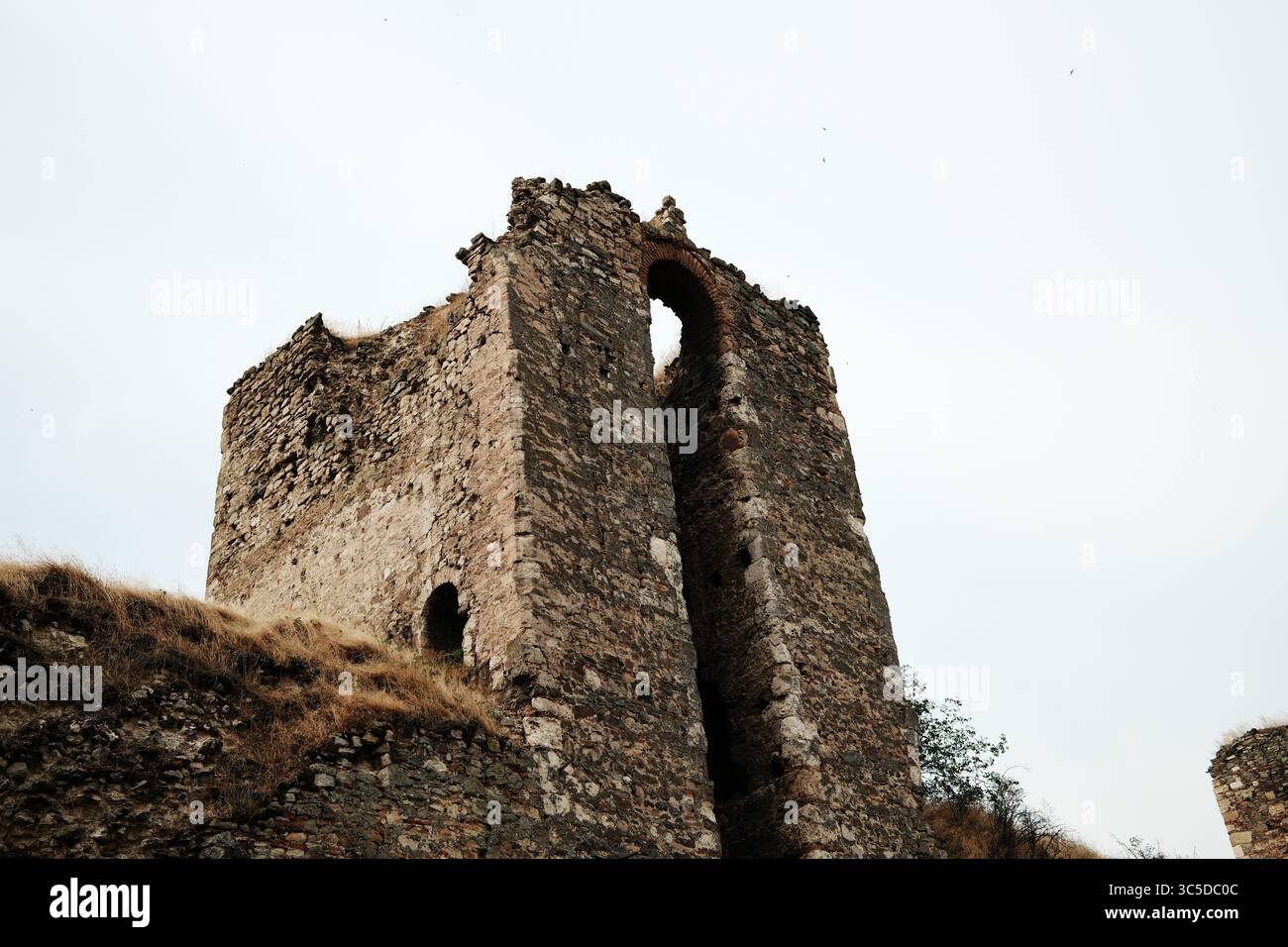 Nahaufnahme eines massiven Steinturms der Festung Smederevo, Serbien, mit Zinnen und einer hohen bogenförmigen Öffnung gegen den blassbewölkten Himmel. Stockfoto
