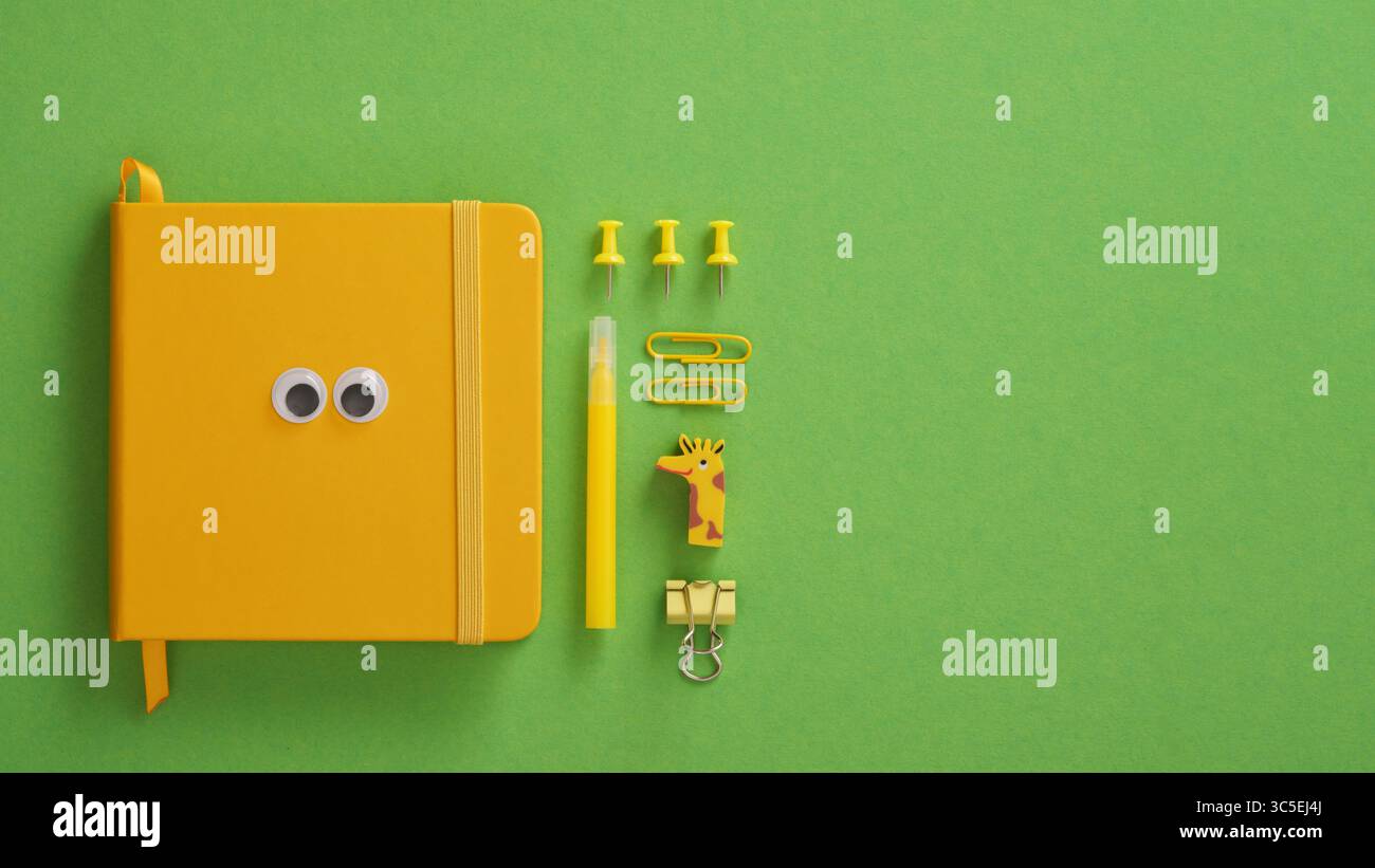 Gelber Notizblock mit Augen und Schreibwaren Filzstift, Stifte, Radiergummi, Büroklammern auf grünem Hintergrund. Platz für Ihren Text. Stockfoto