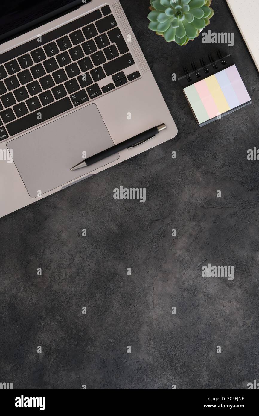 Gepflegter Arbeitsbereich mit Laptop, Stift, Stickern und saftiger Pflanze auf dunklem, strukturiertem Hintergrund. Kopierbereich. Stockfoto
