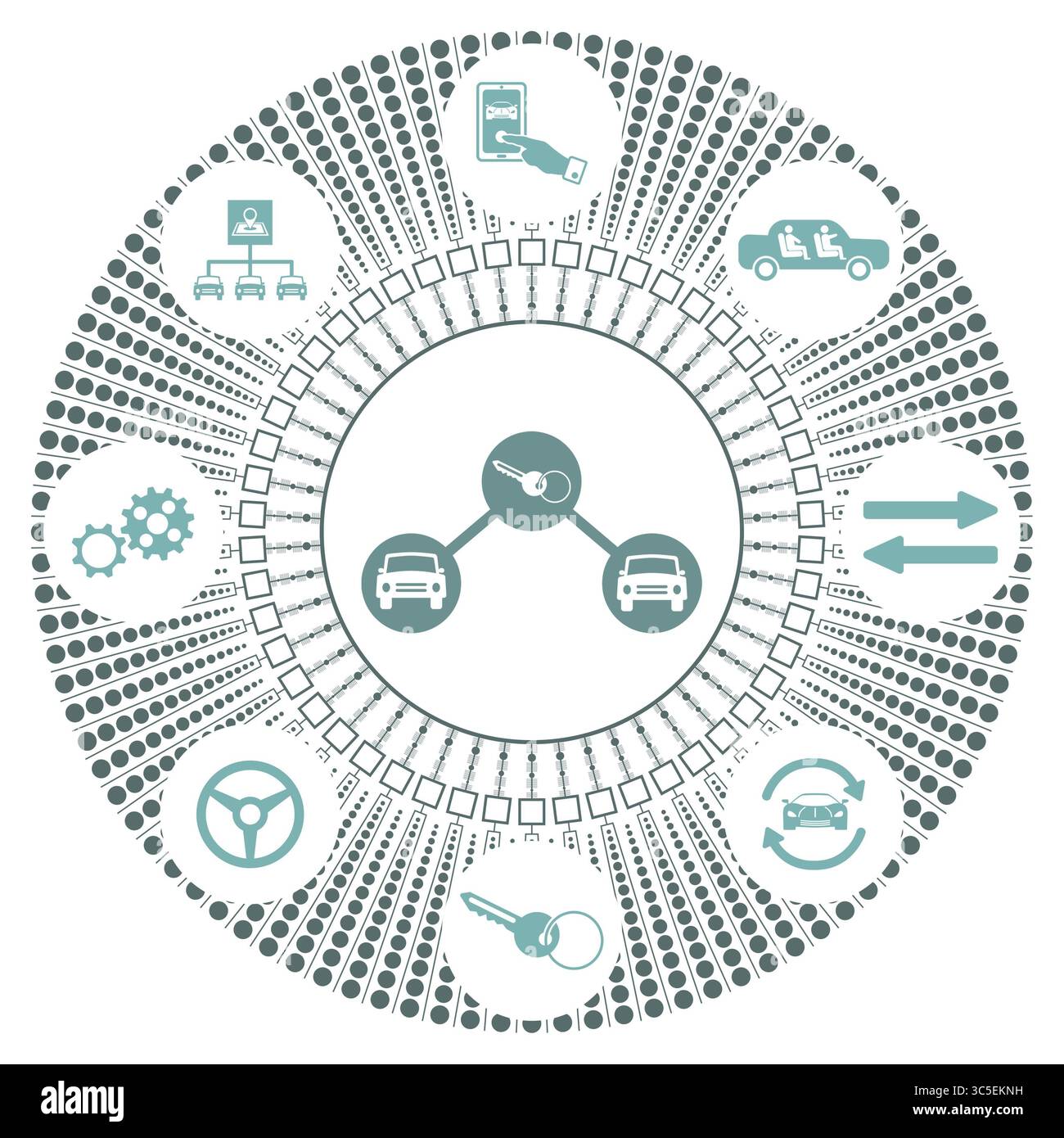 Konzept des Carsharing mit verbundenen Symbolen Stockfoto