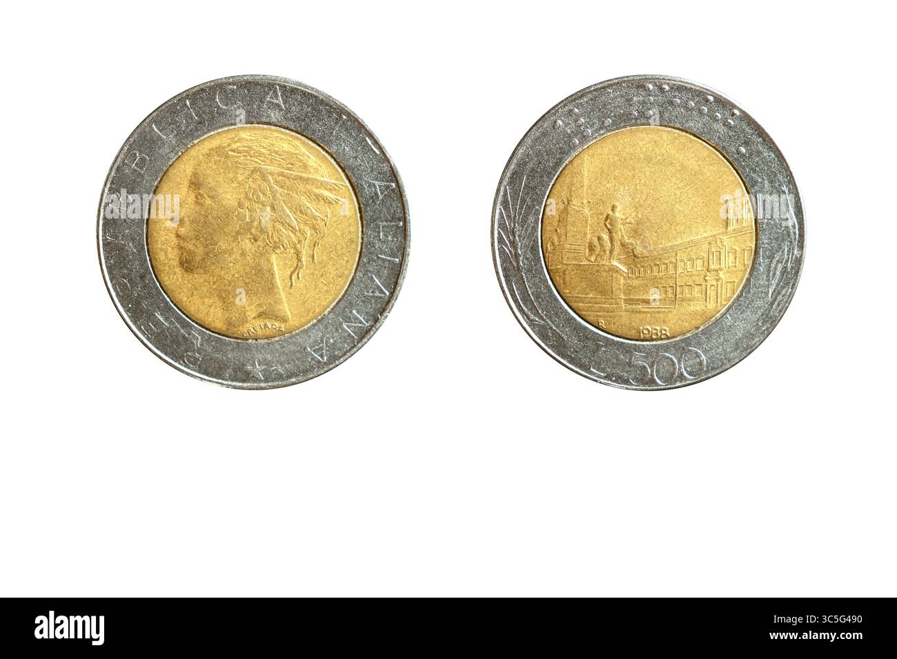 Italienische Münze 500 Lire Jahr 1988, Vorder- und Rückseite auf weißem Hintergrund, Makro Nahaufnahme Stockfoto