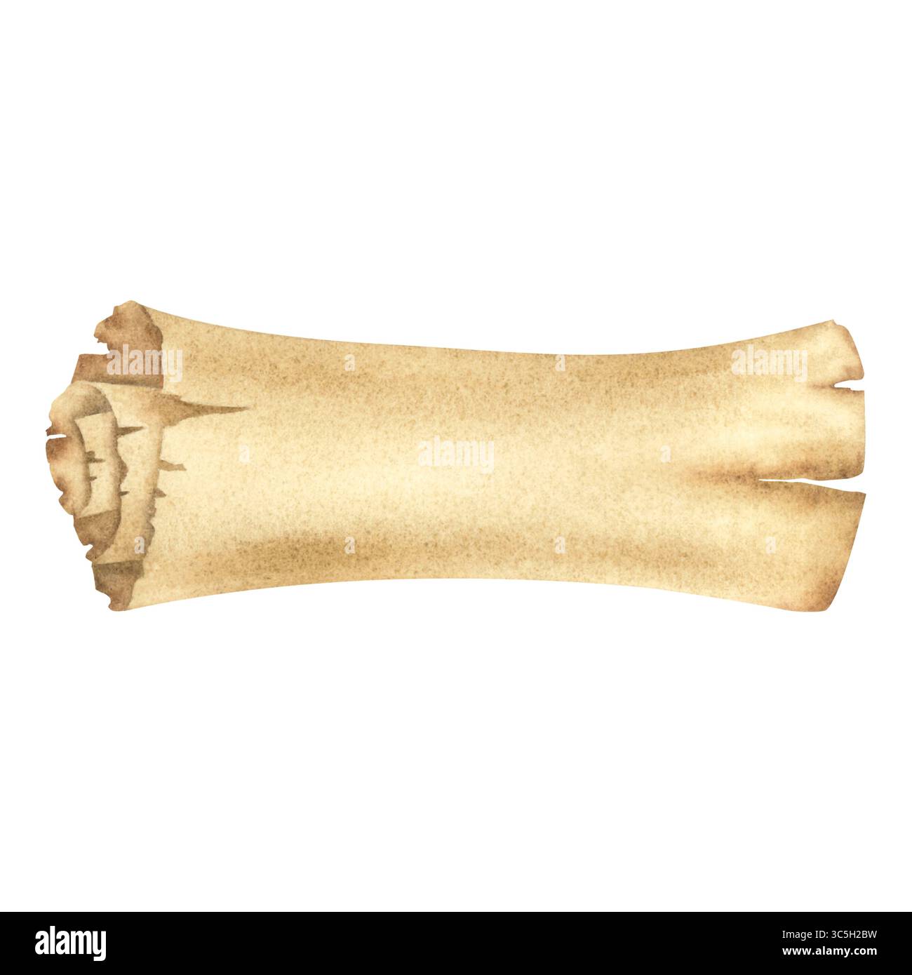 Alte Papierrolle. Handgezeichnete Aquarellabbildung von kollabierten Papyrus auf isoliertem Hintergrund. Archivieren Sie das Dokument in beigen und braunen Farben. Stockfoto