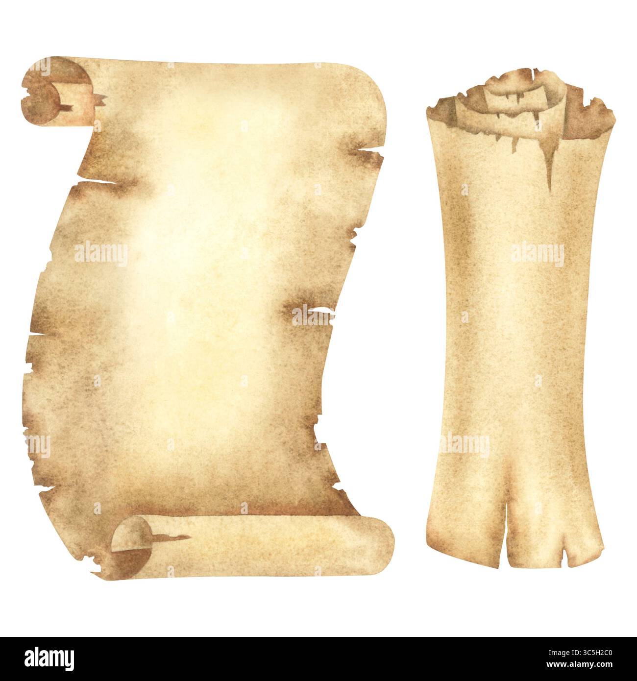 Alte Papyrus und Papierrolle. Handgezeichnete Aquarellabbildung historischer Archivdokumente in pastellbeigen und braunen Farben Stockfoto