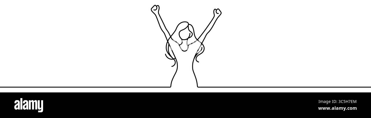 Schwarze Frauenfigur mit erhobenen Händen im einzeiligen Kunststil. Editierbare minimalistische Zeichnung auf weißem Hintergrund. Vektorabbildung. Stock Vektor