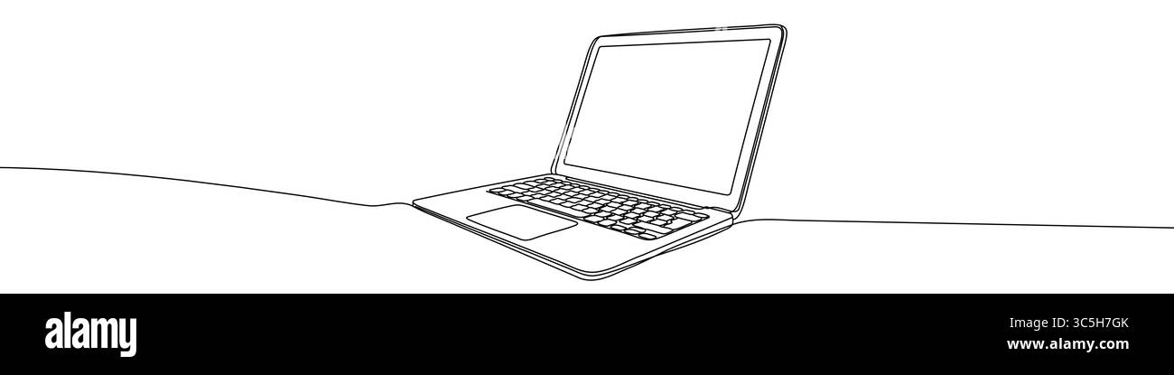 Schwarzes Notebook im einzeiligen Art-Stil. Laptopzeichnung mit bearbeitbarer Kontur auf weißem Hintergrund. Vektorabbildung. Stock Vektor