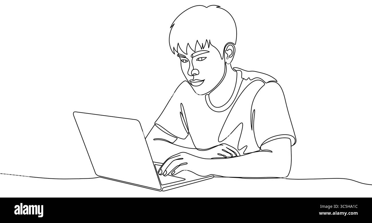 Schwarzer Mann, der an einem Laptop arbeitet, im Stil einer Linie. Mannzeichnung mit bearbeitbarem Strich auf weißem Hintergrund. Vektorabbildung. Stock Vektor