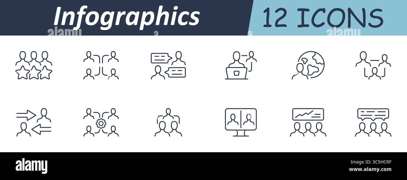 Symbol Infografik-Set. Lineare Symbole zeigen Menschen, Kommunikationsblasen, Teamarbeit, Interaktion, globale Reichweite, Konversation, Zusammenarbeit, Videoanrufe, s Stock Vektor