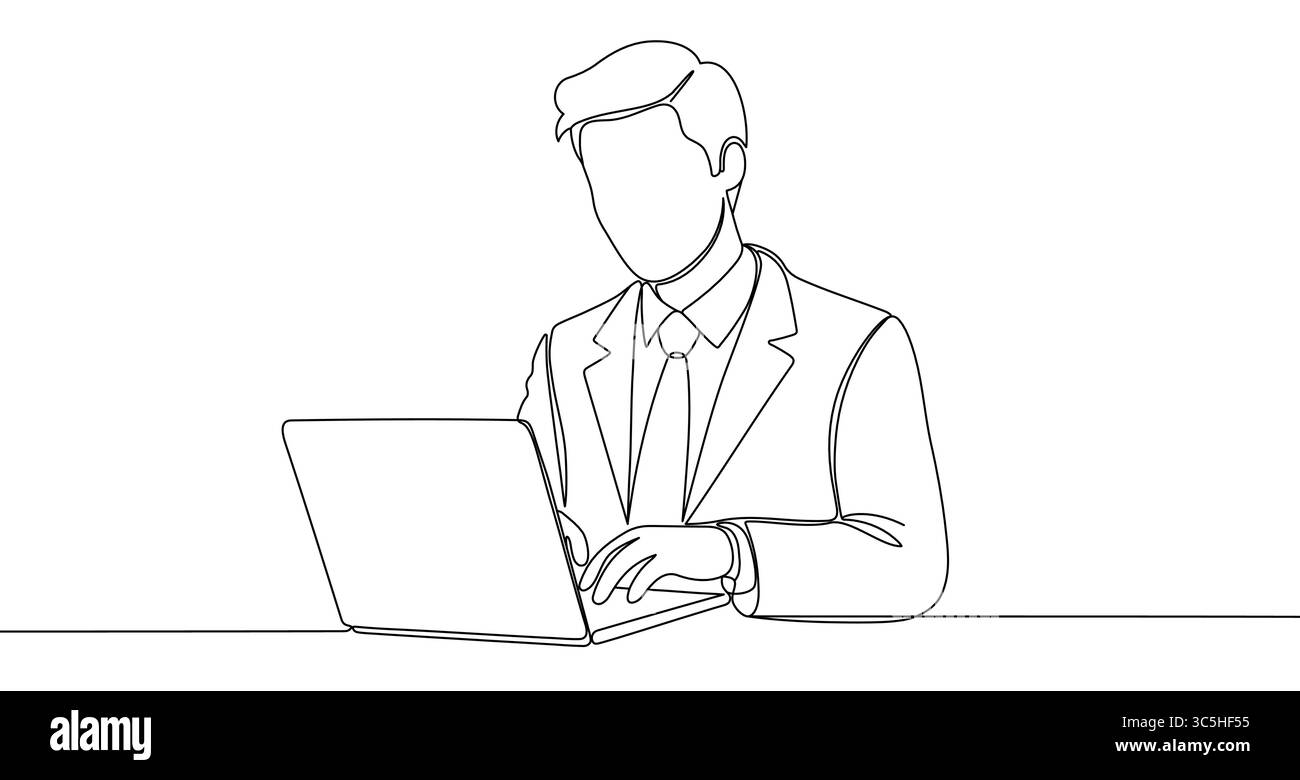 Schwarzer Mann, der an einem Laptop arbeitet, im Stil einer Linie. Mannzeichnung mit bearbeitbarem Strich auf weißem Hintergrund. Vektorabbildung. Stock Vektor