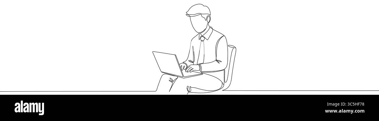 Schwarzer Mann, der an einem Laptop arbeitet, im Stil einer Linie. Mannzeichnung mit bearbeitbarem Strich auf weißem Hintergrund. Vektorabbildung. Stock Vektor