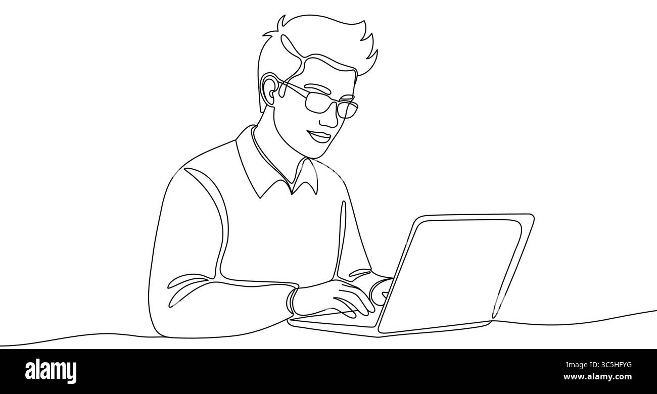 Schwarzer Mann, der an einem Laptop arbeitet, im Stil einer Linie. Mannzeichnung mit bearbeitbarem Strich auf weißem Hintergrund. Vektorabbildung. Stock Vektor