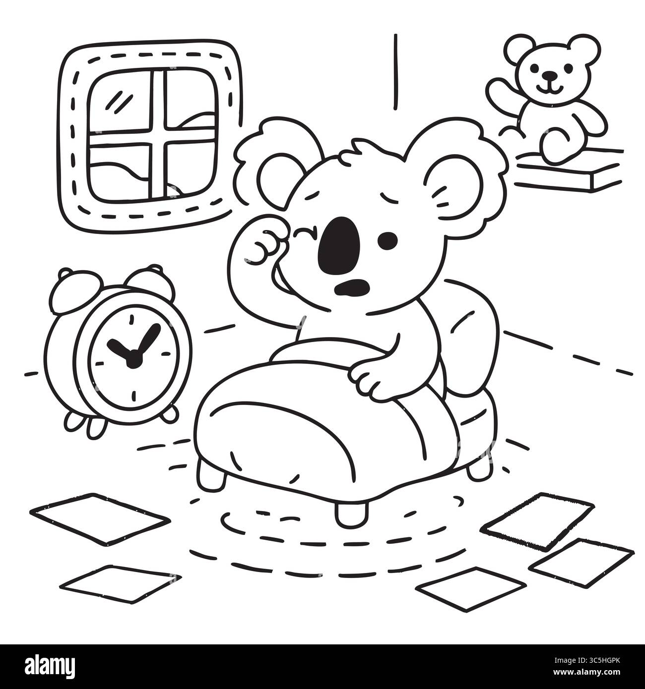 Verschlafener Koala, der bei Sonnenaufgang in einem gemütlichen Schlafzimmer aufwacht. Stock Vektor