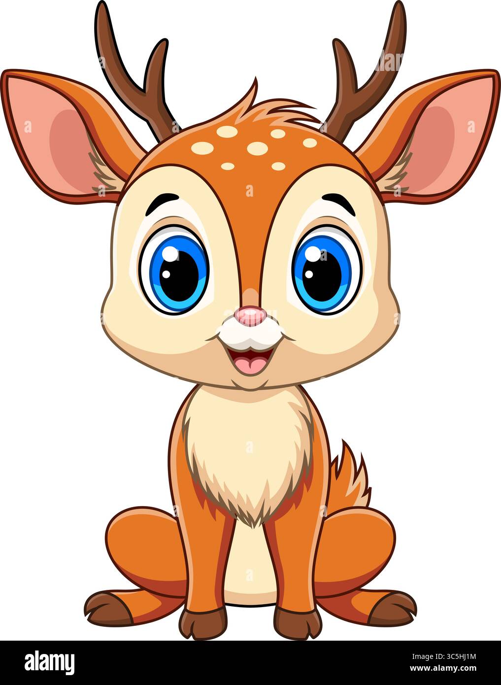 Cartoon Lächeln Baby Hirsch auf weißem Hintergrund. Illustration eines Zeichentrickbabys, das auf weißem Hintergrund lächelnd sitzt Stock Vektor