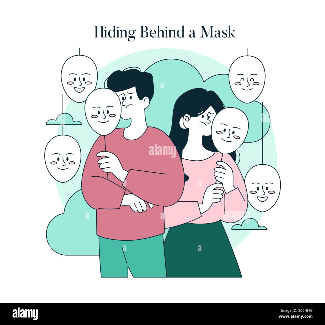 Psychologie des Selbstakzeptanzkonzepts. Menschen halten Masken, die ihre wahren Gesichter bedecken, umgeben von mehr Masken, die Kämpfe mit Selbstbild, Authentizität, Emotionen und Akzeptanz widerspiegeln. Vektorabbildung. Stock Vektor